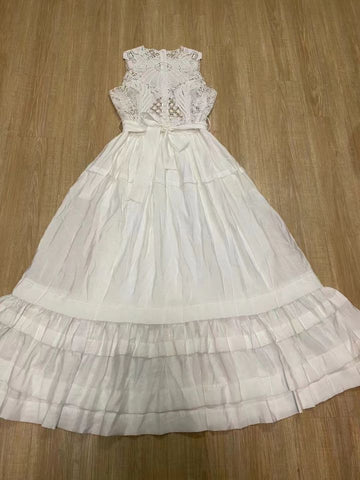 Summer Garden Round Collar Sleeveless Embroidered Hollow Lace Spliced White Fairy Dress Dress